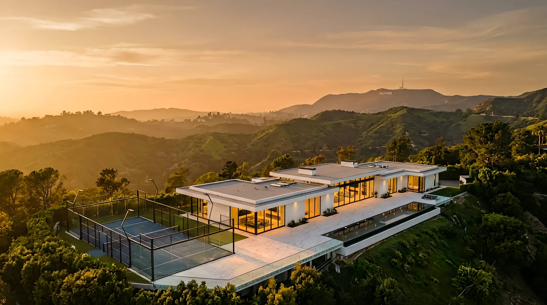 Engineered quartz terrace at golden hour - opening frame of the materials film