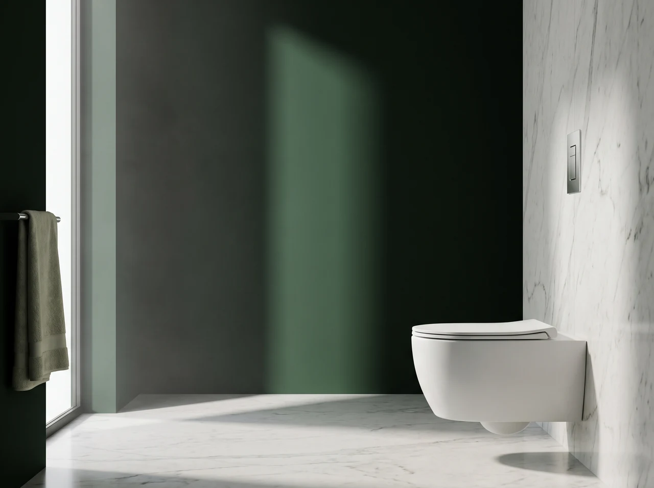 Rimless white ceramic wall hung WC beside a slim chrome flush plate set into honed white marble