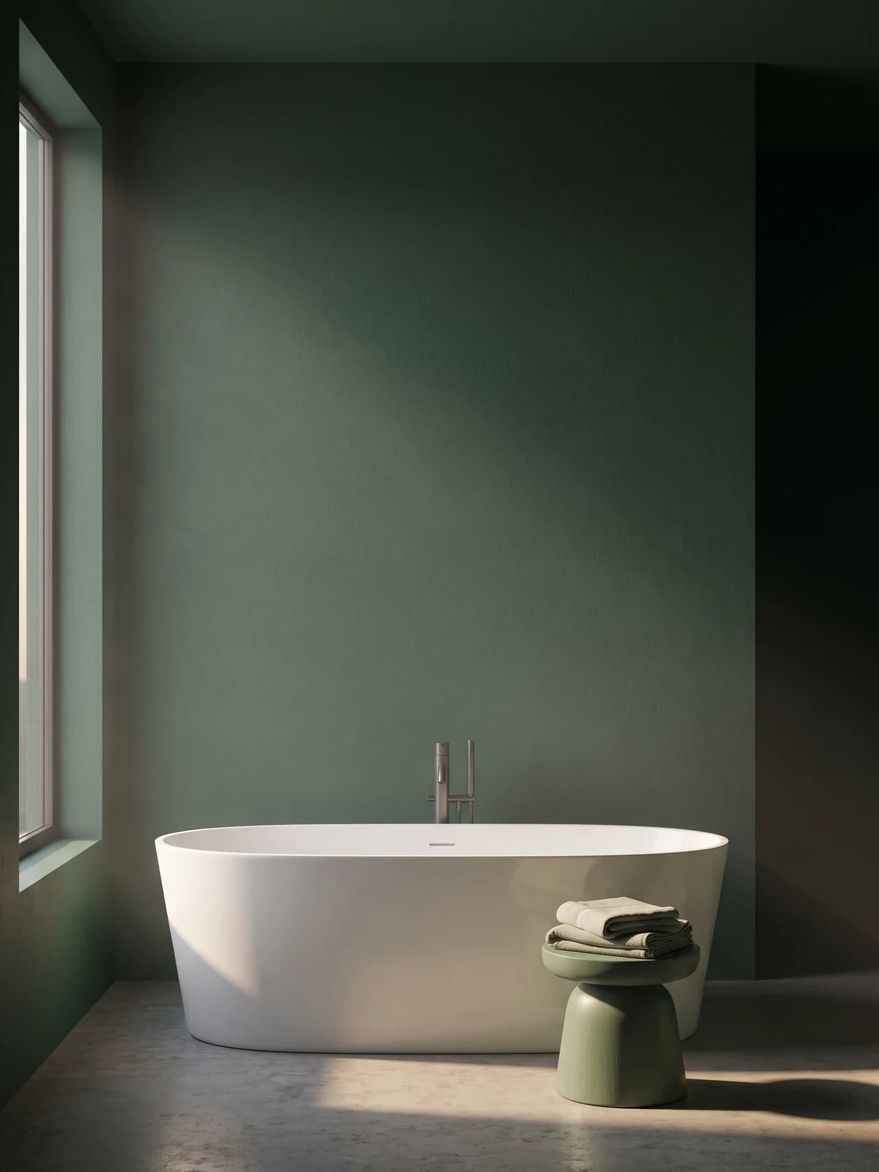 Freestanding bathtub against a green wall