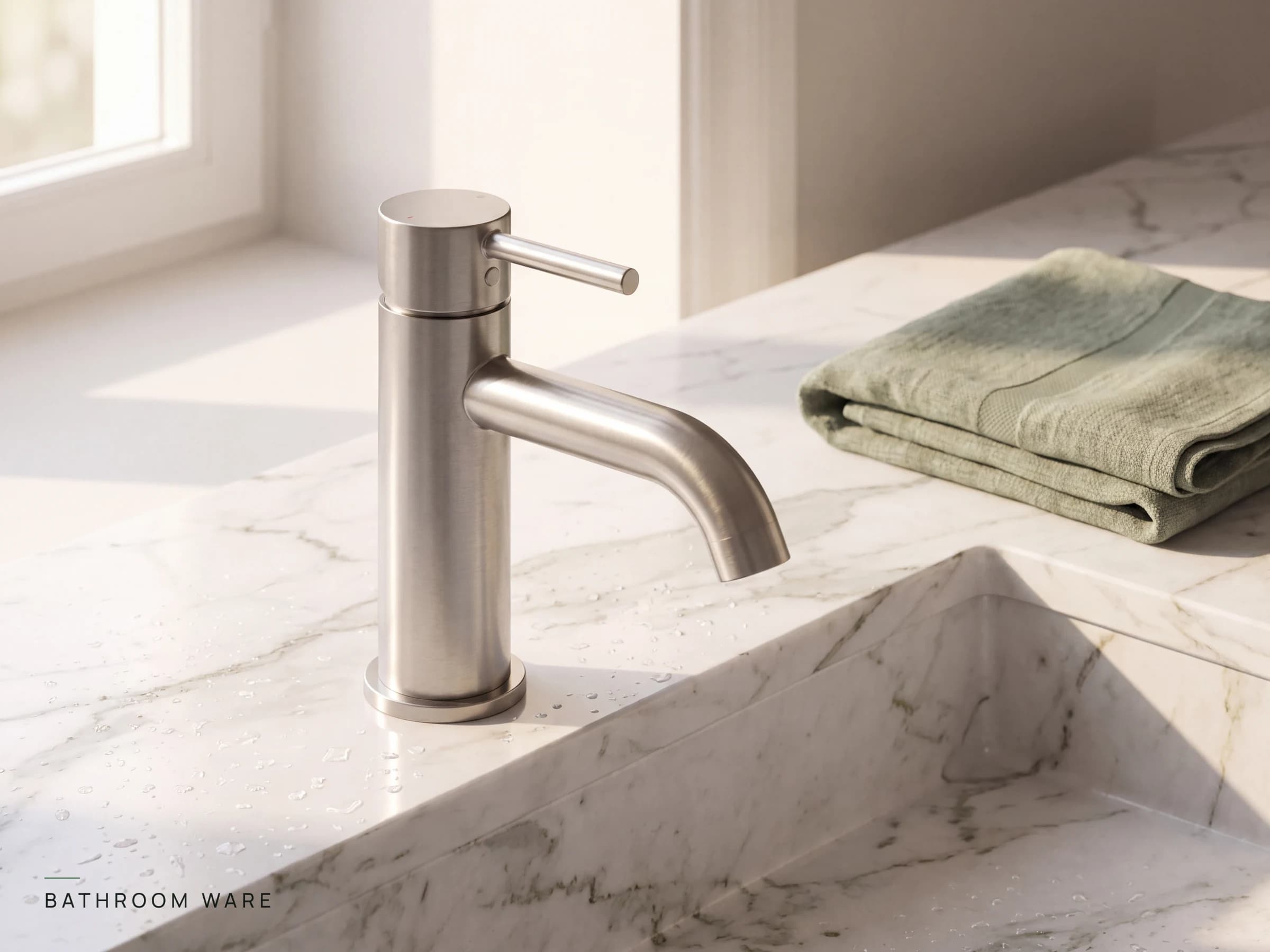 Brushed steel bathroom mixer tap over a white marble basin with a folded sage linen towel
