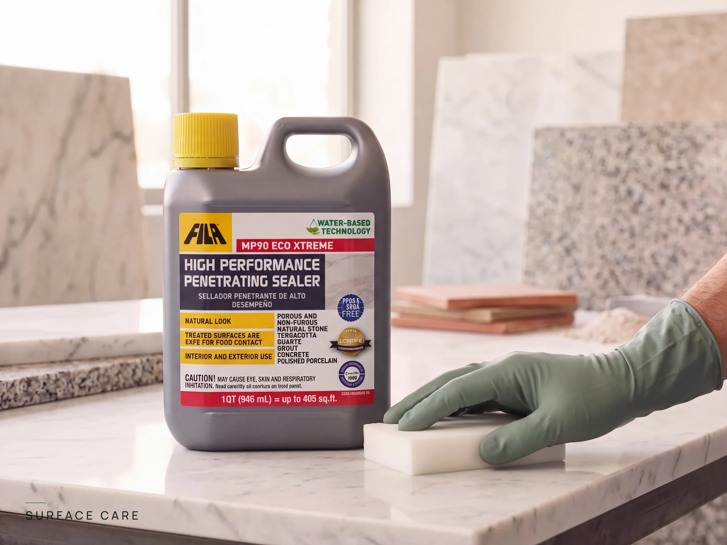 FILA MP90 Eco Xtreme high performance penetrating sealer beside a gloved hand sealing a warm white marble slab in a stone workshop