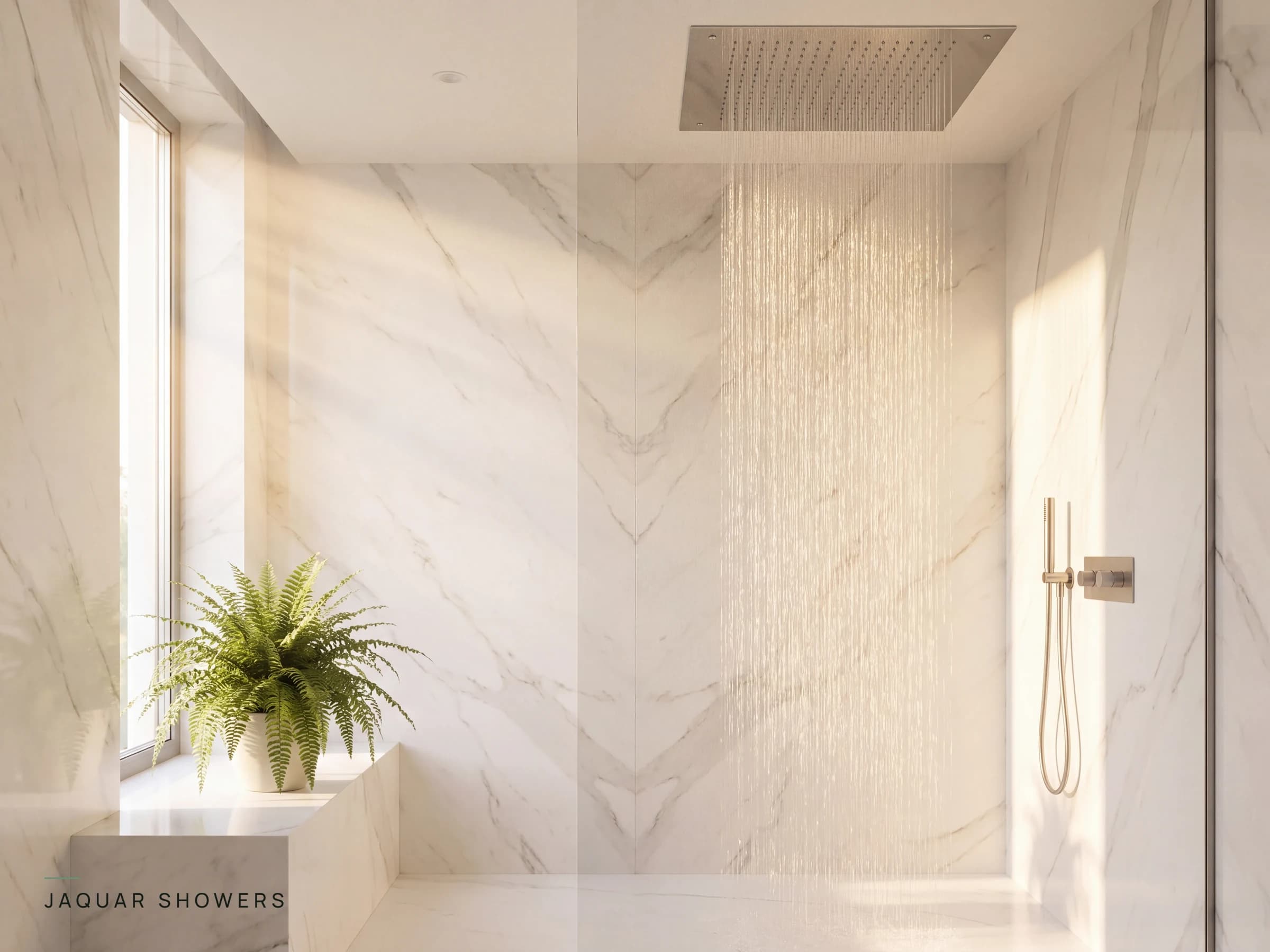 Ceiling rain shower running in a warm white marble wet room with frameless glass, a fern on the marble bench and a brushed steel hand shower