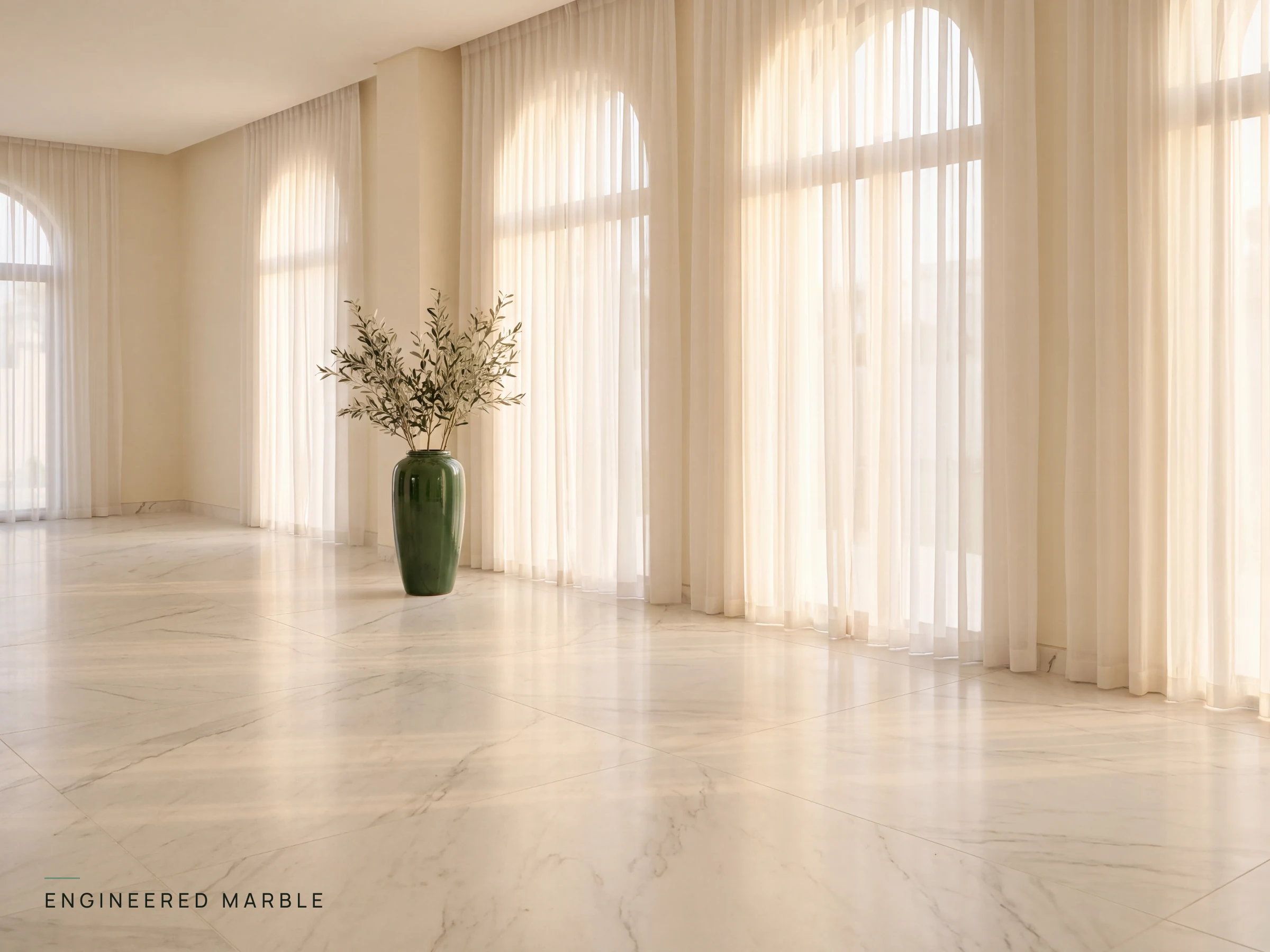 Polished white engineered marble floor in a bright gallery hall with sheer curtains and a pine-green vase with olive branches