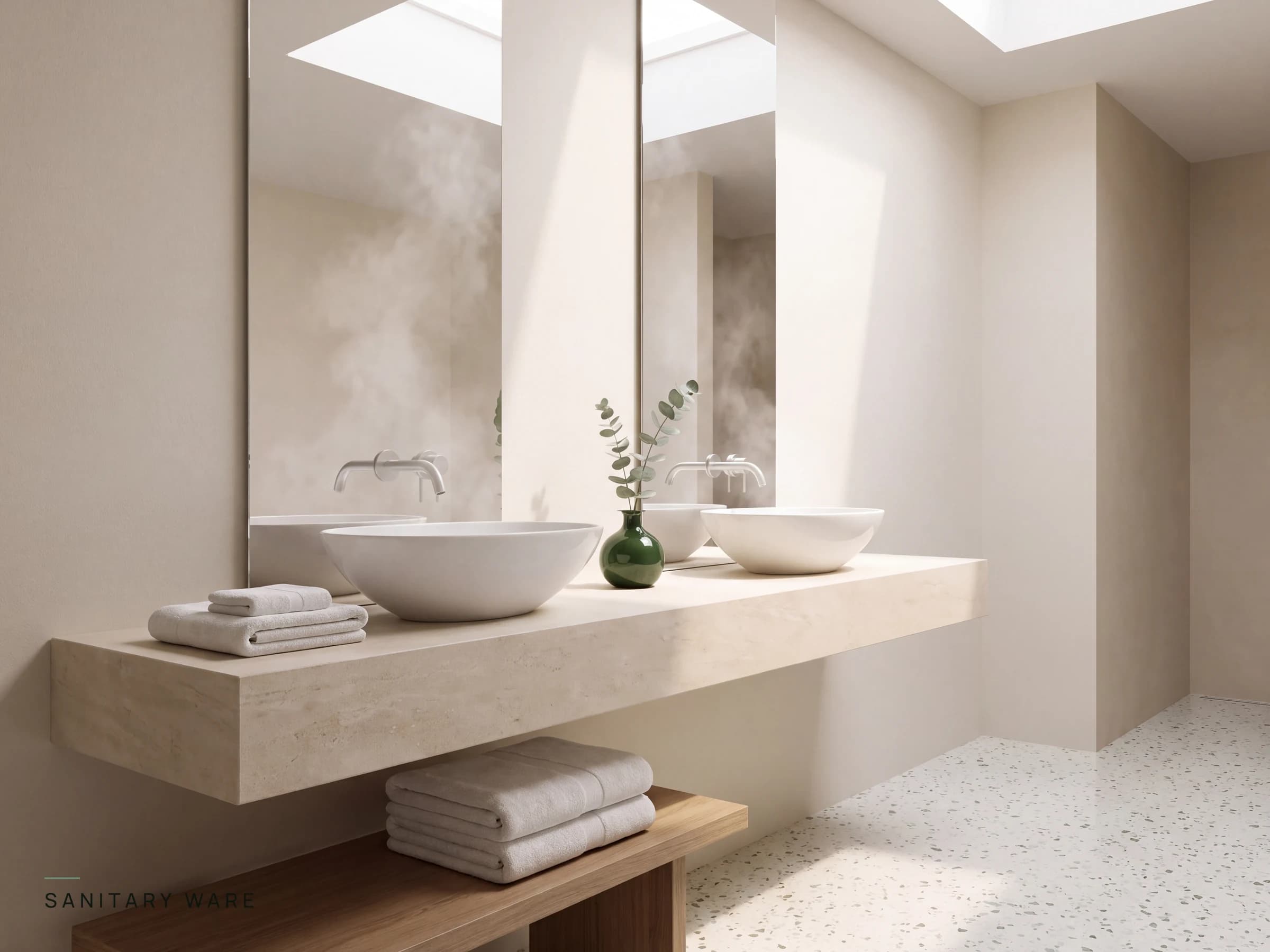 Sculptural white ceramic twin basins on a pale limestone vanity with a eucalyptus sprig in a pine-green bud vase
